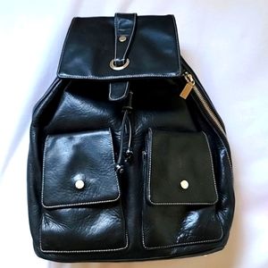 PERLINA New York Black Soft Leather Drawstring Backpack with Side Zipper